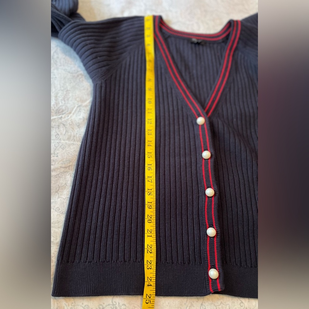 Talbots Navy Blue Cardigan with Red Trim pearl button v-neck - Picture 4 of 10